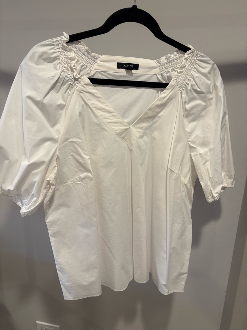 Alfani White V-Neck Puff Sleeve Smocked Neck Blouse